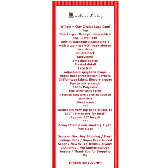 $98 Willow & Clay Circled in Lace Cami Top Large Orange Smocked Lace Tank Lined - Picture 2 of 14